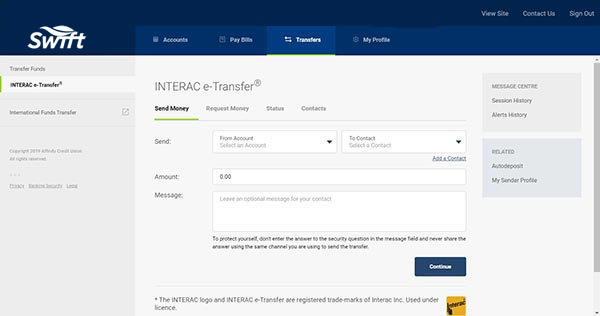 online banking screen with e-transfer